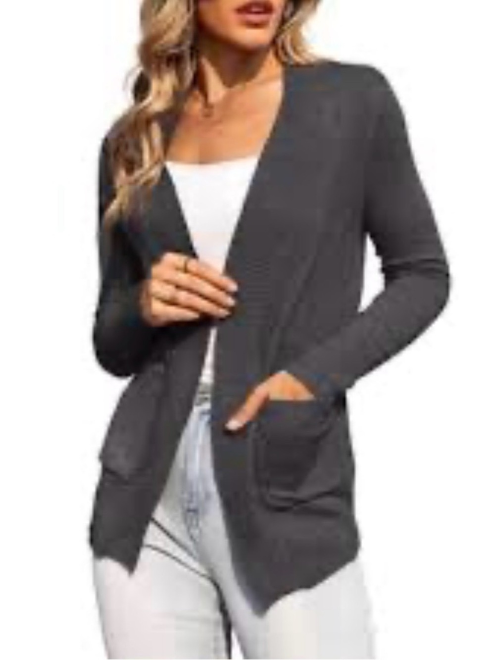 Orvis Charcoal Gray Merino Wool Open-Front Pocket Cardigan Sweater Neutral Fall